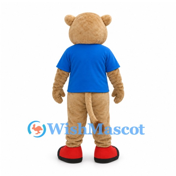 Bear Mascot Costume in Tan with Blue Shirt and Red Shoes