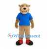 Bear Mascot Costume in Tan with Blue Shirt and Red Shoes