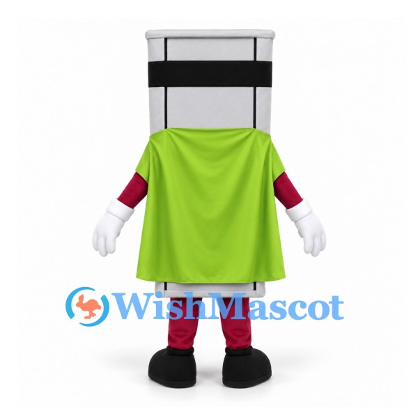 Cabinet Superhero Mascot Costume in Silver with Green Cape and Eye Mask