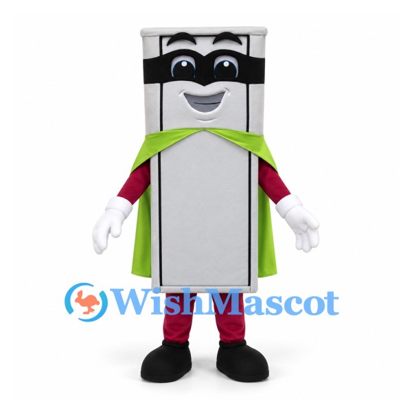 Cabinet Superhero Mascot Costume in Silver with Green Cape and Eye Mask