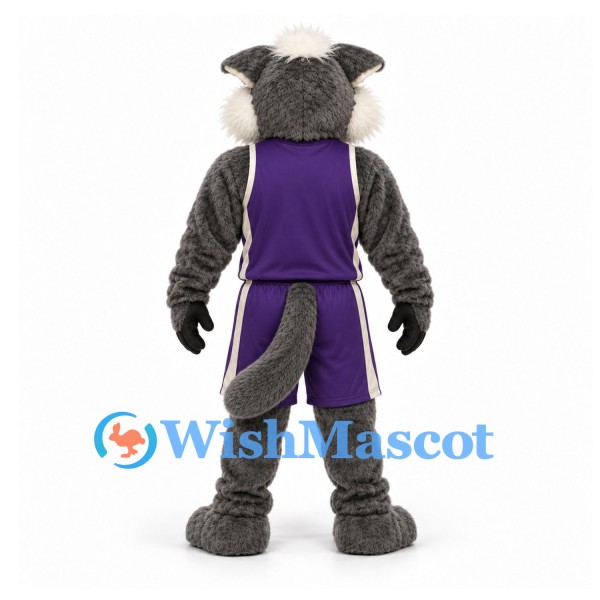 Wolf Mascot Costume in Gray with Purple Sports Uniform