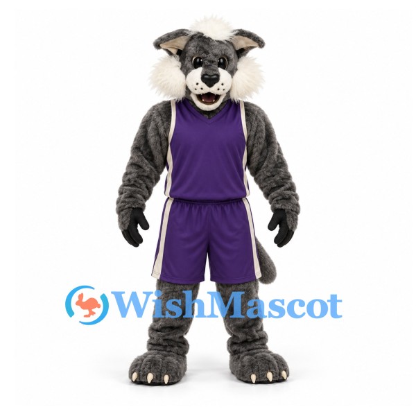 Wolf Mascot Costume in Gray with Purple Sports Uniform