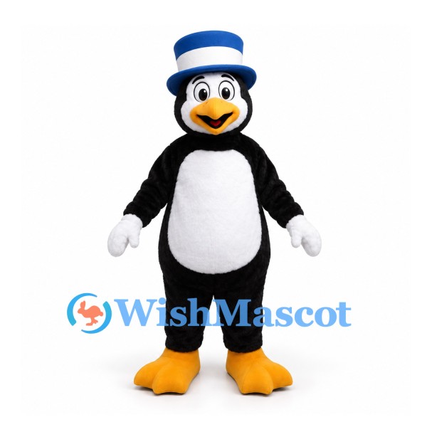 Penguin Mascot Costume in Black and White with Blue Top Hat