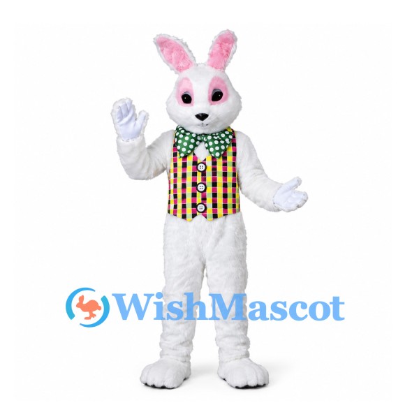 Rabbit Mascot Costume in White with Multicolor Checkered Vest