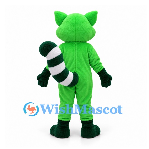 Raccoon Mascot Costume in Green with White Belly and Striped Tail
