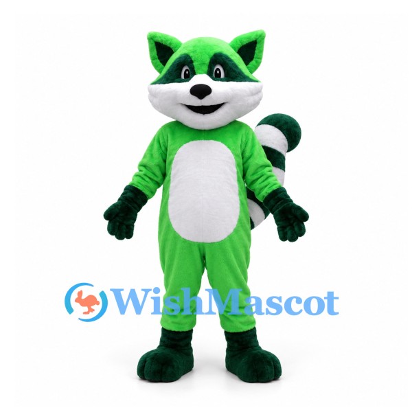 Raccoon Mascot Costume in Green with White Belly and Striped Tail