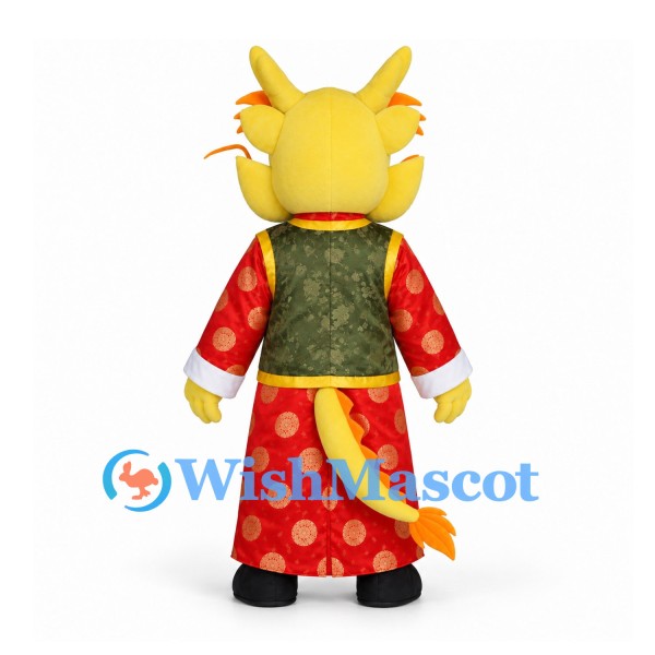 Dragon Mascot Costume in Yellow with Red and Gold Robe and Green Vest