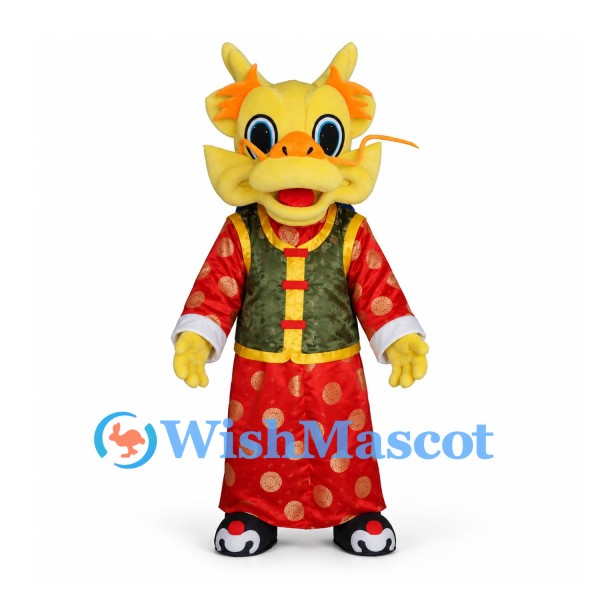 Dragon Mascot Costume in Yellow with Red and Gold Robe and Green Vest