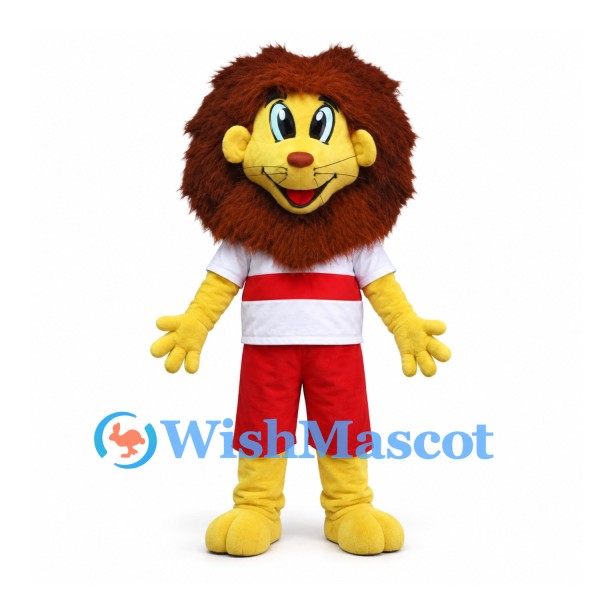 Lion Mascot Costume in Yellow with Red and White Sports Uniform