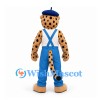 Leopard Mascot Costume in Gold with Blue Overalls and Beret