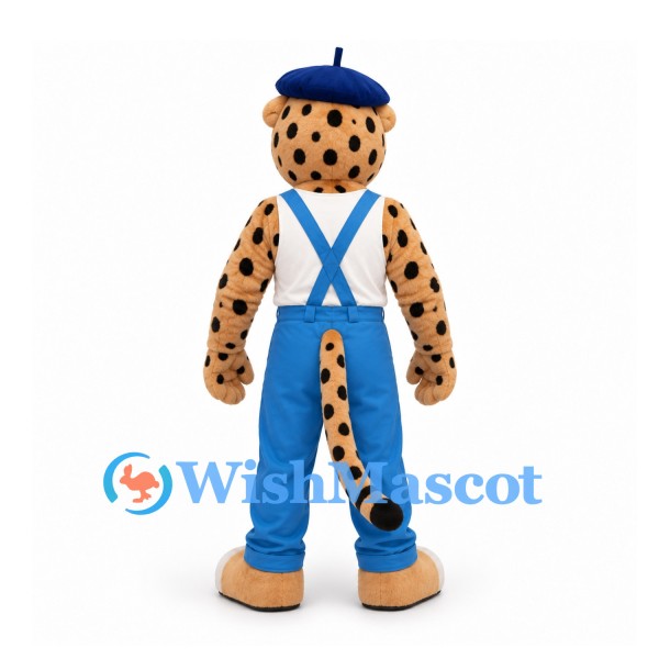 Leopard Mascot Costume in Gold with Blue Overalls and Beret
