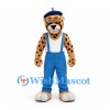 Leopard Mascot Costume in Gold with Blue Overalls and Beret