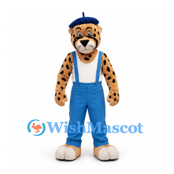 Leopard Mascot Costume in Gold with Blue Overalls and Beret