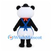 Panda Mascot Costume with Blue Apron Black Hat and Orange Scarf