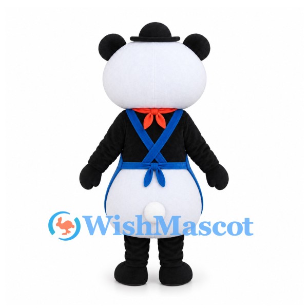 Panda Mascot Costume with Blue Apron Black Hat and Orange Scarf