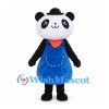 Panda Mascot Costume with Blue Apron Black Hat and Orange Scarf