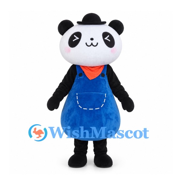 Panda Mascot Costume with Blue Apron Black Hat and Orange Scarf