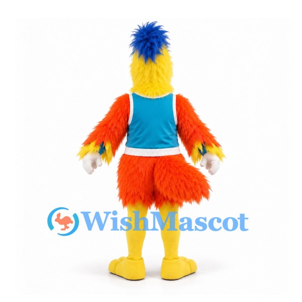 Bird Mascot Costume in Yellow and Orange with Teal Shirt and Blue Crest