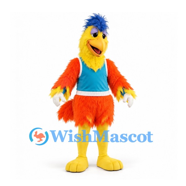 Bird Mascot Costume in Yellow and Orange with Teal Shirt and Blue Crest