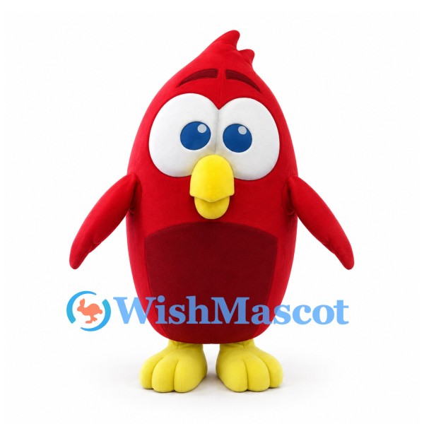 Bird Mascot Costume in Red with Large Eyes and Rounded Body