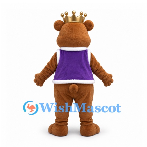 Bear Mascot Costume in Brown with Gold Crown and Purple Vest