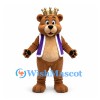Bear Mascot Costume in Brown with Gold Crown and Purple Vest
