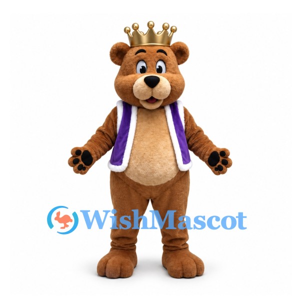Bear Mascot Costume in Brown with Gold Crown and Purple Vest