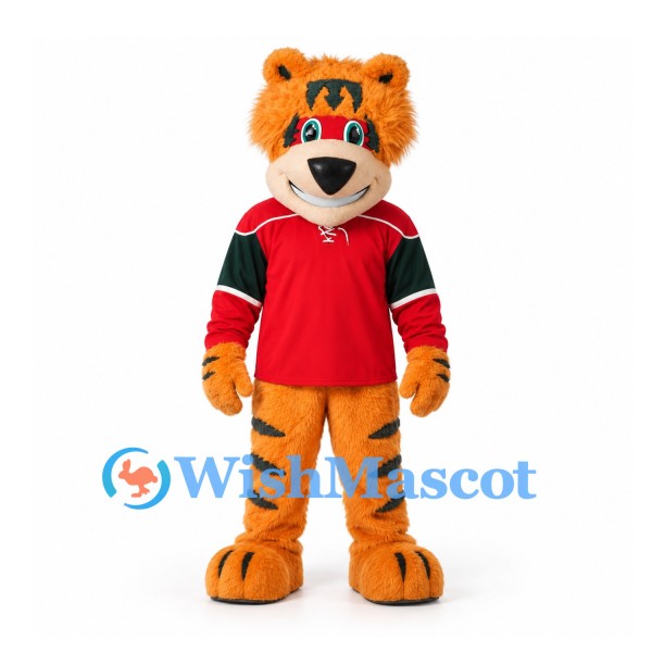 Tiger Mascot Costume in Orange with Red and Green Sports Shirt