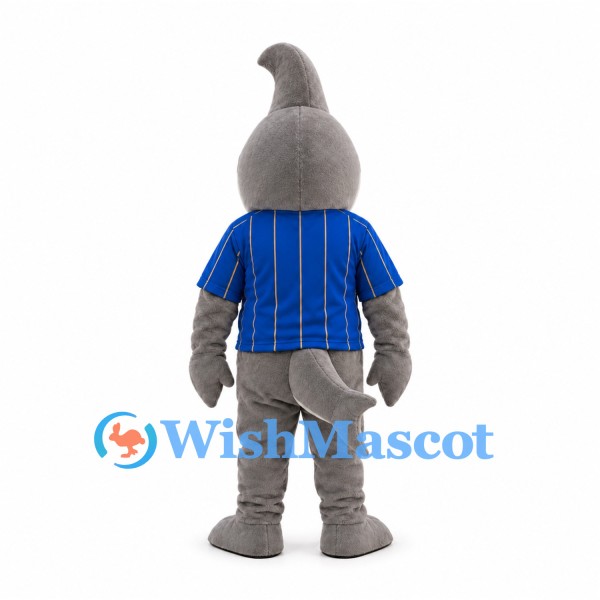 Shark Mascot Costume in Gray with Blue Pinstriped Jersey