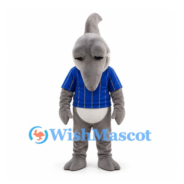 Shark Mascot Costume in Gray with Blue Pinstriped Jersey
