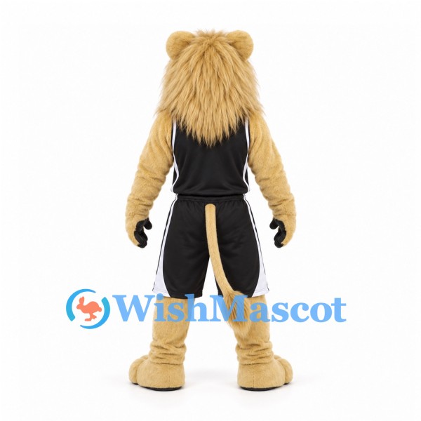 Lion Mascot Costume in Cream with Long Mane and Black Sports Uniform