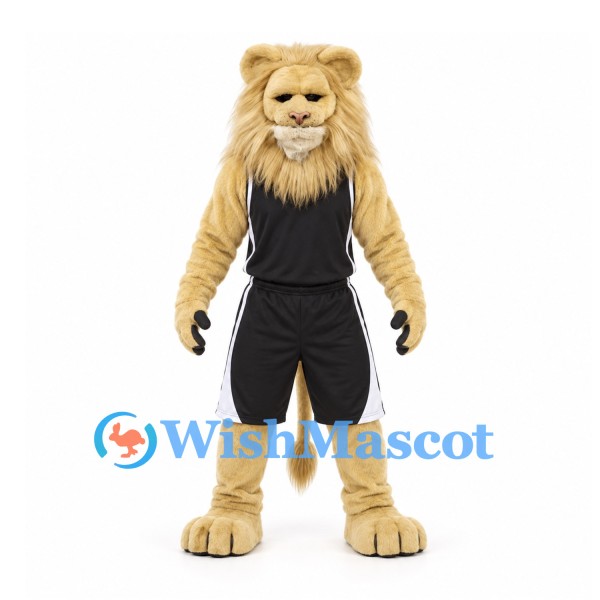 Lion Mascot Costume in Cream with Long Mane and Black Sports Uniform