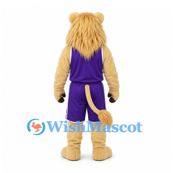 Lion Mascot Costume in Cream with Long Mane and Purple Sports Uniform