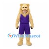 Lion Mascot Costume in Cream with Long Mane and Purple Sports Uniform