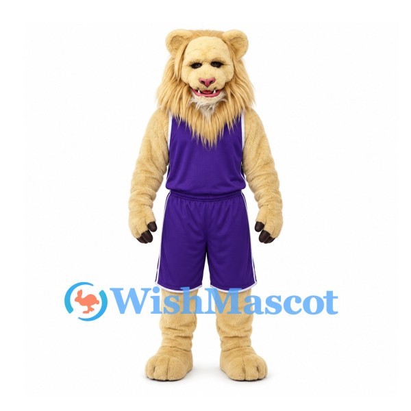 Lion Mascot Costume in Cream with Long Mane and Purple Sports Uniform