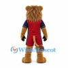 Lion Mascot Costume in Brown with Long Mane and Red Sports Uniform