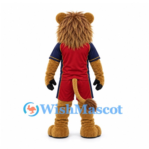 Lion Mascot Costume in Brown with Long Mane and Red Sports Uniform