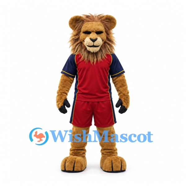 Lion Mascot Costume in Brown with Long Mane and Red Sports Uniform