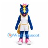 Horse Mascot Costume in Blue with Braided Yellow Mane and White Sports Uniform
