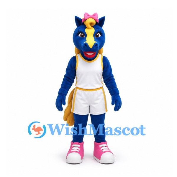 Horse Mascot Costume in Blue with Braided Yellow Mane and White Sports Uniform