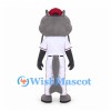 Hippo Mascot Costume in Gray with White Baseball Uniform and Red Cap