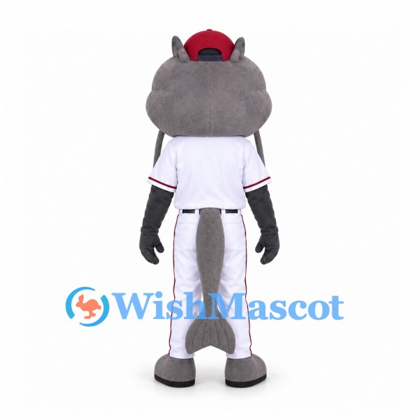 Hippo Mascot Costume in Gray with White Baseball Uniform and Red Cap