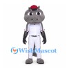 Hippo Mascot Costume in Gray with White Baseball Uniform and Red Cap