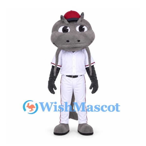 Hippo Mascot Costume in Gray with White Baseball Uniform and Red Cap