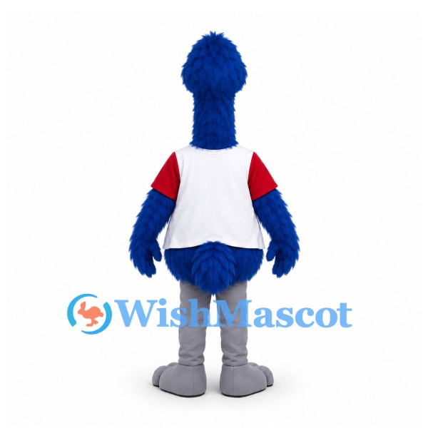 Bird Mascot Costume in Blue with Long Neck and White Sports Shirt