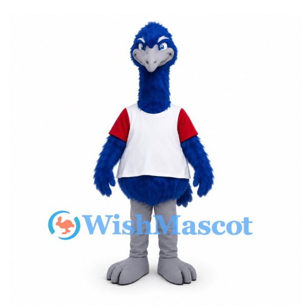 Bird Mascot Costume in Blue with Long Neck and White Sports Shirt