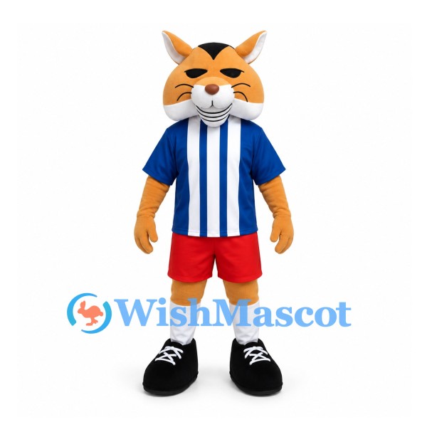 Cat Mascot Costume in Orange with Blue Striped Shirt and Red Shorts