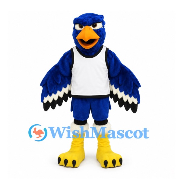 Bird Mascot Costume in Blue with White Sports Jersey and Yellow Feet