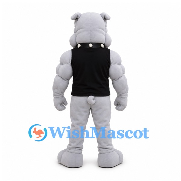 Bulldog Mascot Costume in Gray with Muscular Arms and Black Shirt