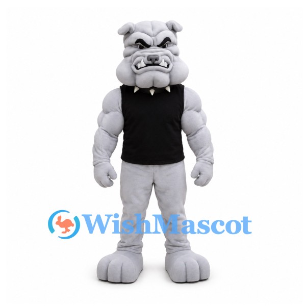 Bulldog Mascot Costume in Gray with Muscular Arms and Black Shirt